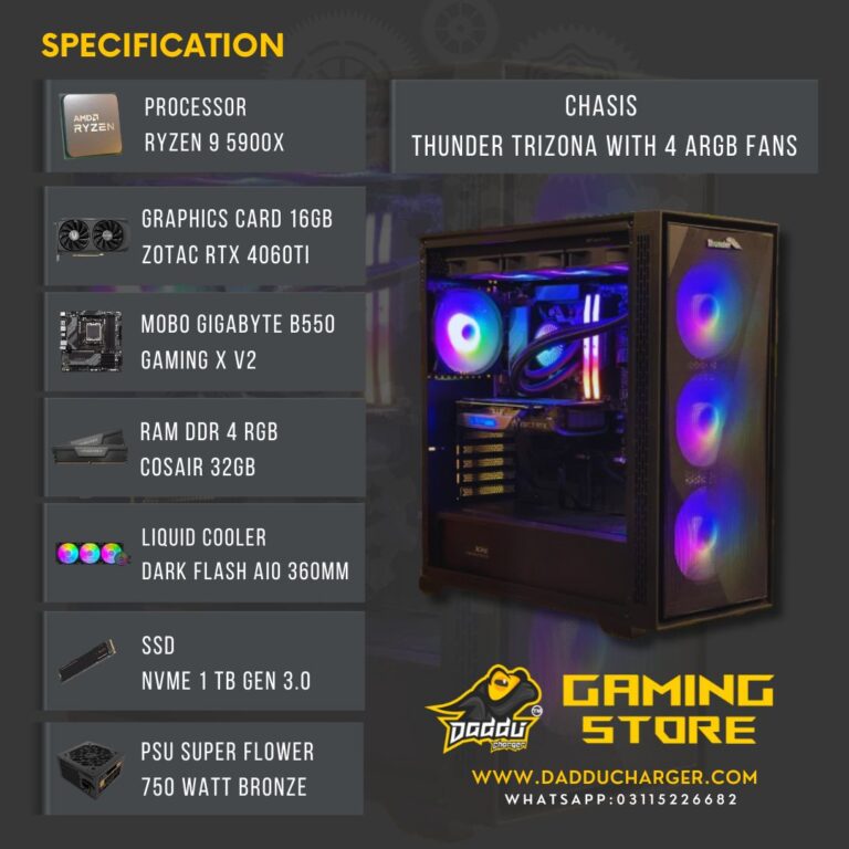 Best Ryzen 9 5900x with RTX 4060ti 16GB Gaming PC Build available in cheapest price at Daddu Charger Rawalpindi Pakistan